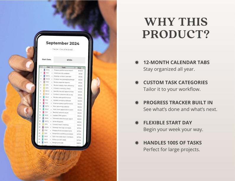 May include: A smartphone displays a task calendar for September 2024. The screen shows a list of tasks with start dates and categories. Text on the right side reads "WHY THIS PRODUCT?" with features like "12-MONTH CALENDAR TABS" and "CUSTOM TASK CATEGORIES."