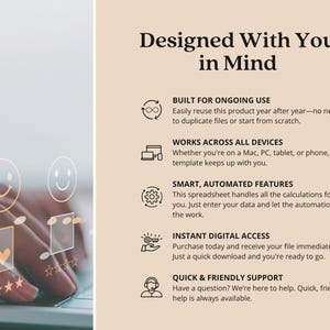May include: A digital product advertisement with the text "Designed With You in Mind." The image features a person's hand using a laptop, with icons and text highlighting features like ongoing use, cross-device compatibility, and instant digital access.