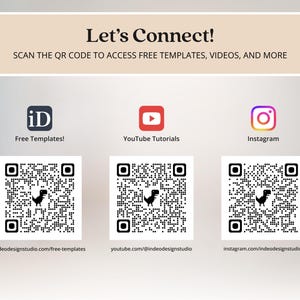 May include: A digital graphic featuring the text Let's Connect! SCAN THE QR CODE TO ACCESS FREE TEMPLATES, VIDEOS, AND MORE. It displays three QR codes with a small dinosaur icon, labeled with icons for Free Templates, YouTube, and Instagram.