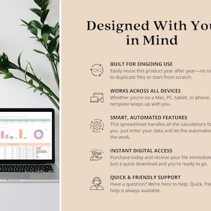 May include: A laptop displaying a spreadsheet with charts and data sits on a white surface. The text "Designed With You in Mind" is at the top of the image, with bullet points describing the product's features.