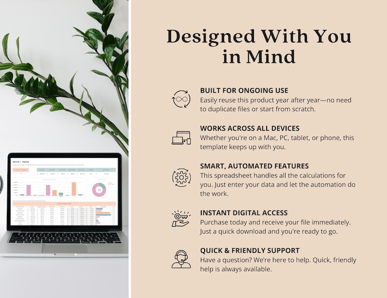 May include: A laptop displaying a spreadsheet with charts and data sits on a white surface. The text "Designed With You in Mind" is at the top of the image, with bullet points describing the product's features.