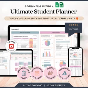 Planilha de Planejamento Acadêmico do Google Sheets, Planilha para Estudantes Universitários, Rastreador de Tarefas Escolares, Calendário Estudantil, Lista Mensal de Livros