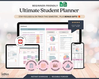 Academic Planner Google Sheets College Student Planner Spreadsheet School Assignment Tracker Student Calendar Monthly Book Tracker List