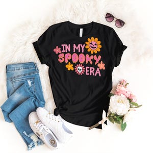 Spooky Era Tee, Colorful Women&#39;s Halloween Tee, Halloween Flower T-Shirt, Spooky Shirt, Fun Halloween Shirt, Funky Colorful Halloween Shirt