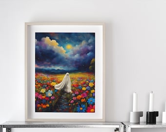 Op de afbeelding: Een schilderij van een witte geest die door een veld met kleurrijke bloemen loopt onder een sterrenhemel.