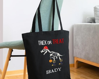 Personalisierte Dinosaurier-Halloween-Einkaufstasche, Leckerli-Tasche für Kinder, maßgeschneiderte Dinosaurier-Trick-or-Treat-Taschen, Halloween-Taschen für Kinder, Dinosaurier-Tasche