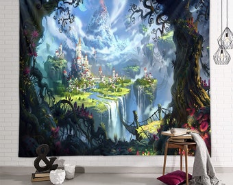 Forest Castle Psychedelic Tapestry, Fantasy Wall Tapestry Fairy Tale Tapestry Wall Hanging, Magic Castle Tree Cartoon Tapestries for Bedroom