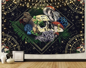 May include: A black tapestry with a skull and mushrooms surrounded by a gold zodiac wheel and a string of lights. The tapestry has a dark blue background with gold stars and constellations.