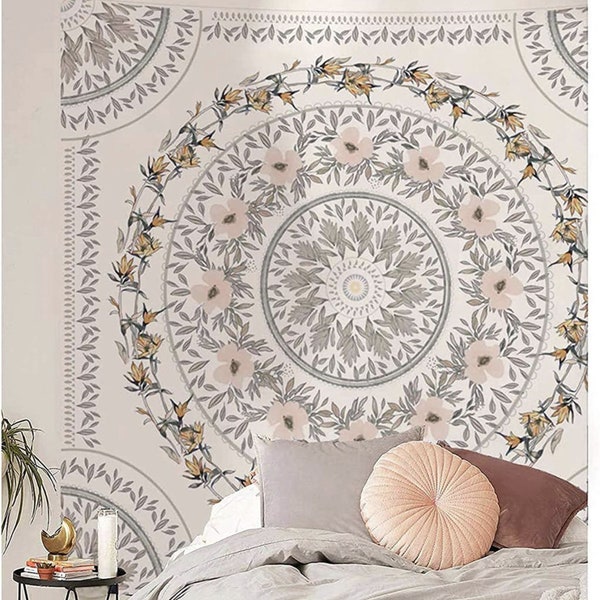 White Sketched Floral Medallion Tapestry Wall Decor