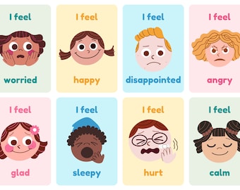 May include: Eight colorful cards with illustrations of different facial expressions and the text "I feel" followed by a word describing the emotion. The emotions are worried, happy, disappointed, angry, glad, sleepy, hurt, and calm.
