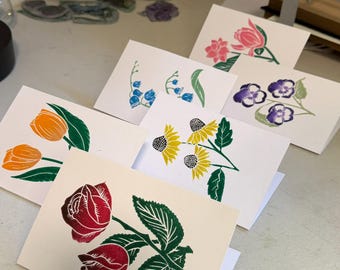 Springtime Flowers Blank Cards (Pack of 6)- Original Linocut Prints 4X6