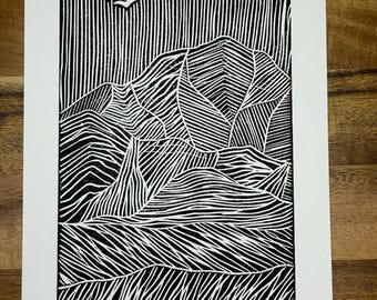 Farewell Mountains-originele linosnede print 5 x 7