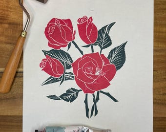 Ramo de rosas - Grabado original en linóleo 9x11