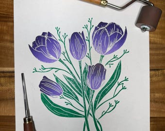 Ramo de tulipanes - Grabado botánico en linóleo tallado a mano 9x11