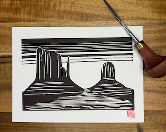 Monument Valley- Original Linocut Print 5X7