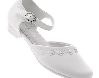 Schuhe Kommunion Festliche Kinderschuhe Blumenmädchen Leder Perlen-Blümchen