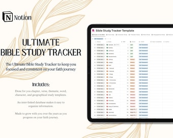 Notion Bijbelstudiesjabloon | Christelijke Bijbeltracker en dashboard | Digitale geloofsplanner | Direct downloaden