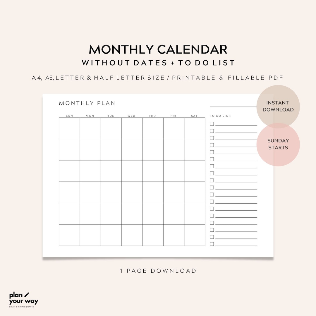 Monthly Calendar, to Do List, Printable Planner, Digital Download ...