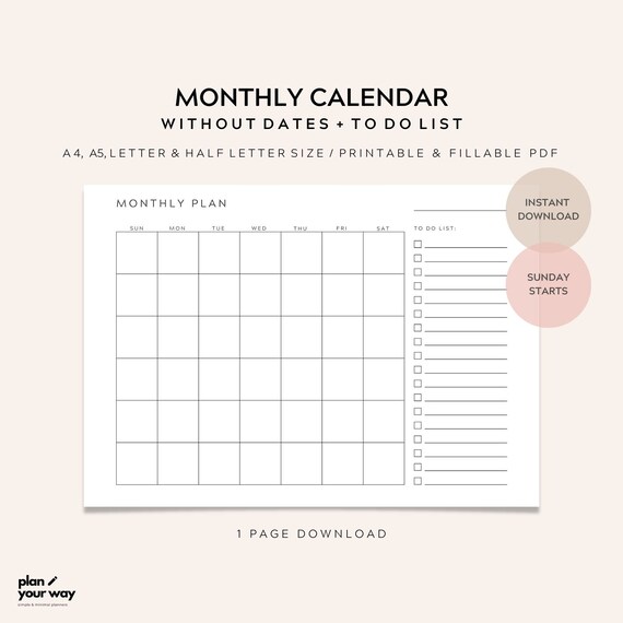 Monthly Calendar, to Do List, Printable Planner, Digital Download,  Organizational Tool, Productivity Planner, Task Scheduler, Sunday Starts -  Etsy