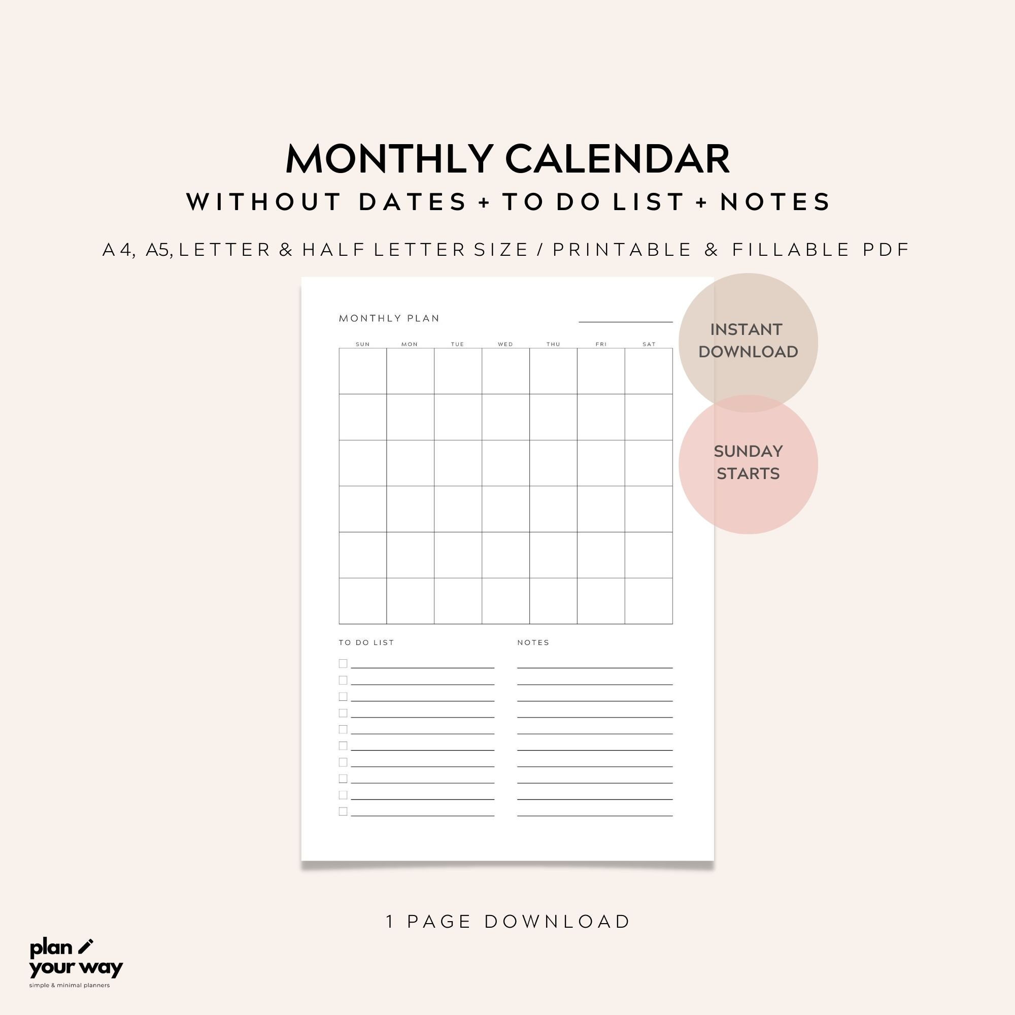 Monthly calendar to do list and notes, sunday starts calendar, monthly  printable calendar, monthly calendar, a4, a5, letter print - etsy