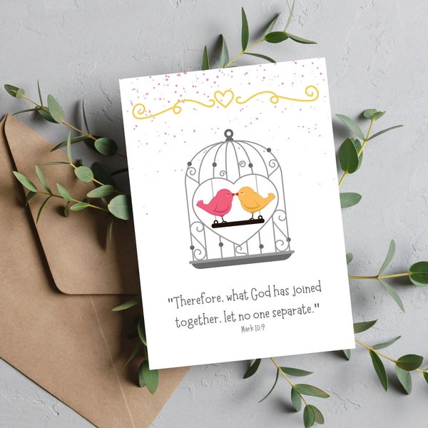 Printable Wedding and Engagement Gift Greeting Card Bible Verse Mark 10:9 what God has joined together let no man separate love birds