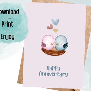 Regalo de tarjeta de feliz aniversario imprimible para marido esposa cónyuge amor pájaros descarga digital instantánea 5x7 en blanco en el interior