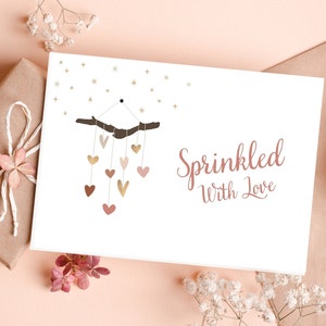Afdrukbare baby shower strooi gefeliciteerd nieuwe babykaart cadeau besprenkeld met liefde eenvoudige minimalistische boho-stijl instant digitale download
