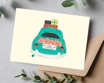 Tarjeta de felicitación de boda imprimible, regalo de recién casados para la nueva pareja, felicitaciones por el día de tu boda, coche antiguo, letrero de recién casados en el coche