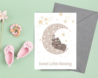 Printable baby shower sprinkle congratulations new baby new parents rainbow baby card Sweet little blessing boho style baby on moon