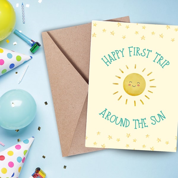 Printable First 1st Birthday Card for one year old, happy first trip around the sun, cute sun space theme card, instant digital download