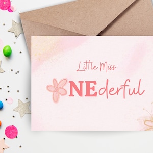 Druckbare Karte zum ersten Geburtstag für ein Jahr altes Mädchen, kleine Miss Onederful, rosa Gold Blumen, Karte zum 1