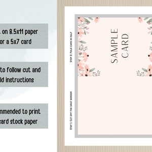 May include: Printable card template with a pink floral design. The card is designed to be printed on 8.5x11 inch paper and folded in half to create a 5x7 inch card. The instructions include cutting off the gray border and folding the card in half.
