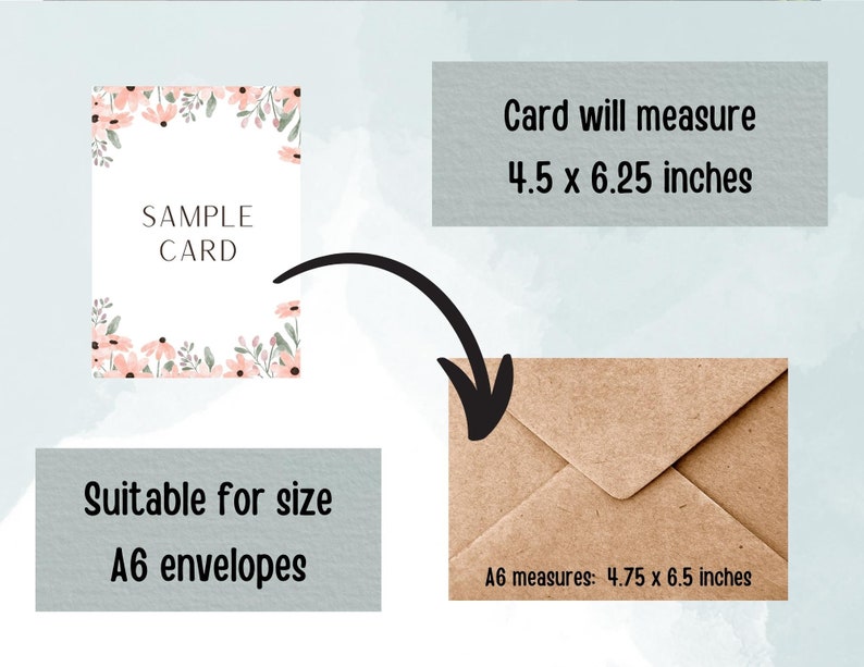 May include: A sample card with a floral border and the text "SAMPLE CARD". The card measures 4.5 x 6.25 inches and is suitable for A6 envelopes, which measure 4.75 x 6.5 inches.
