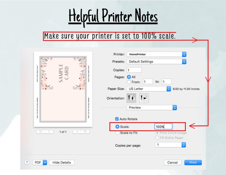 May include: A screenshot of a computer screen showing a print dialog box. The dialog box has options for printer settings, including paper size, orientation, and scale. The scale is set to 100%. The text "Make sure your printer is set to 100% scale." is highlighted in red.