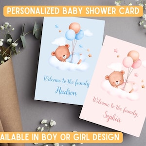 Afdrukbare gepersonaliseerde babyshower- of strooikaart, aangepaste kaart met babynaam, babyjongen, meisje, welkom bij de familie,