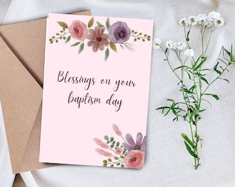 Printable Baptism Christening Card for baby child teen adult blessings on your baptism day pink floral design simple minimalist