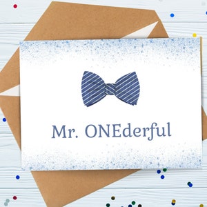 Première carte de joyeux anniversaire à imprimer pour un garçon d'un an, M. une, carte noeud papillon bleu, m. Une soirée à thème unique, un garçon d'anniversaire
