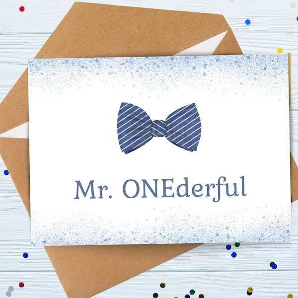 Printable First 1st Happy Birthday Card for one year old boy, mr. onederful, blue bow tie card, mr. onederful theme party, birthday boy