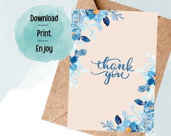 Printable Thank You Greeting Card, I appreciate you, thank you for your support, beautiful simple blue floral design, thank you gift