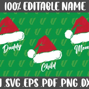 May include: Three red and white Santa hats with the words "Daddy", "Mommy", and "Child" underneath. The hats are on a green background with a repeating pattern.