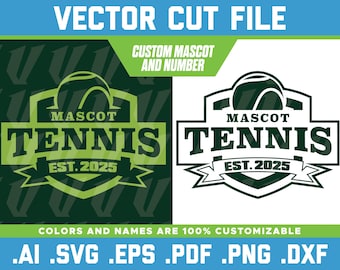 May include: A green and white tennis team logo with a tennis ball, the text "MASCOT TENNIS EST. 2025", and a banner. The logo is customizable with colors and names.