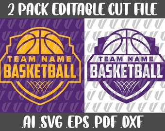May include: Two editable cut files for a basketball team logo. The logo features a basketball with a net, a shield shape, and the text "TEAM NAME BASKETBALL". One logo is in purple and white, and the other is in yellow and purple.
