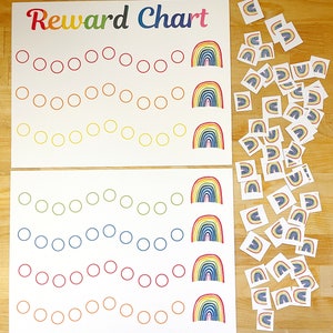 May include: A printable reward chart with a rainbow theme. The chart has 5 rows of 10 circles each, with a rainbow at the end of each row. There are also 40 rainbow stickers.