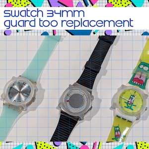May include: Three Swatch watches with different colored bands and faces. The watch on the left has a light blue band and a silver face. The middle watch has a black band and a white face with a circular design. The watch on the right has a yellow band with a cartoon character.