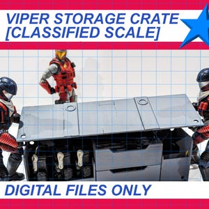 May include: A grey Viper Storage Crate with the text "Viper Storage Crate [Classified Scale]" and "Digital Files Only". Two action figures lift the crate's lid. A third figure stands in the background. The background has a grid pattern.