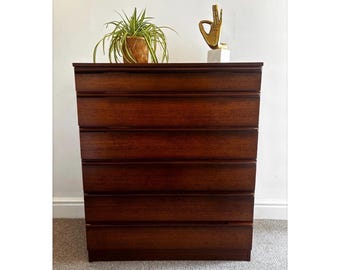 Vintage Avalon 6 Drawer Tallboy Chest / Mid Century Walnut Veneer Drawers / Retro Bedroom Storage / Danish Style
