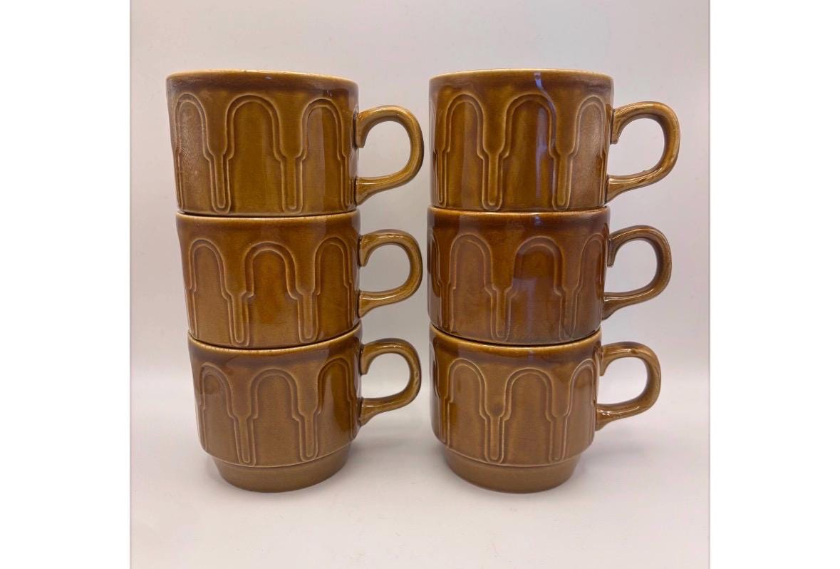 Lot De 3 Tasses Vintage - Couleurs Automnales - Made In England - Années 1970