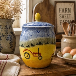 Può includere: Un vaso in ceramica con coperchio, con un design di paesaggio rurale. Il vaso ha una base gialla con un'illustrazione di trattore, che passa a tonalità verdi e blu. Il coperchio è blu con un pomello giallo. Il vaso è su una superficie di legno.