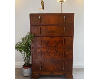 Vintage Lawrencia Burr Walnut Tallboy Chest of Drawers Art Deco Bedroom Storage Cabinet 123cm High 1930s