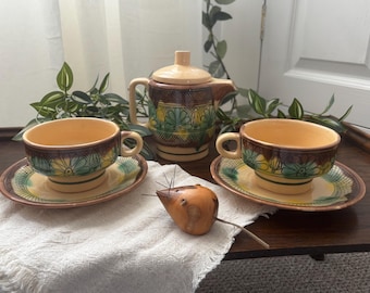 Mid Century Ceramic Tea Set: Scandi Folk Style Creamer, 2 Cups, Saucers